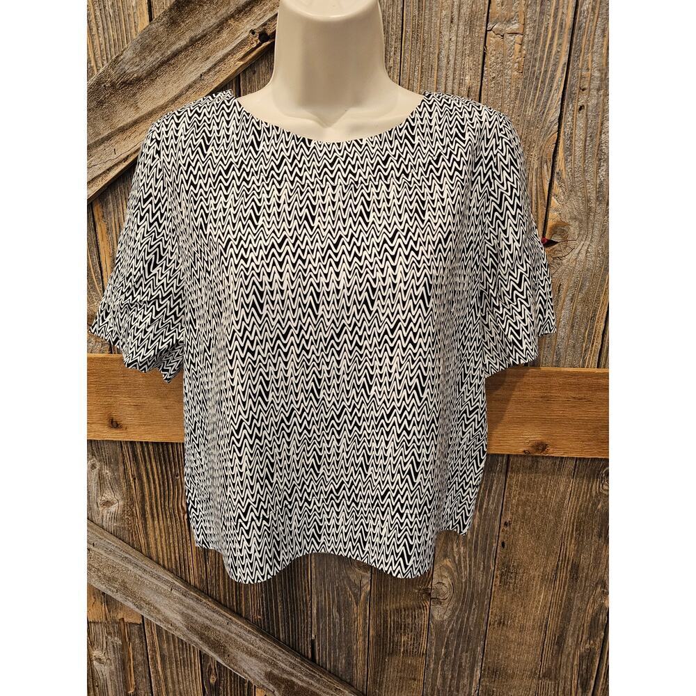 Kate Spade Black White Silk Blend Zig Zag Cropped Short Sleeve Top XS